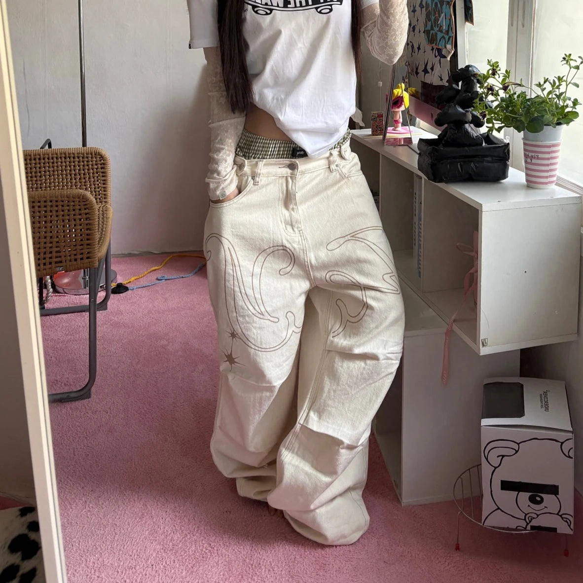 Y2k Trendy Korean Style Jeans Harajuku Retro Simple Angel Print Loose Jeans Fashion New Low Rise Solid Color Straight Leg Pants