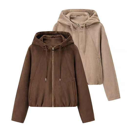 New autumn and winter women's casual loose suede texture effect hooded long sleeved solid color pilot jacket jacket
