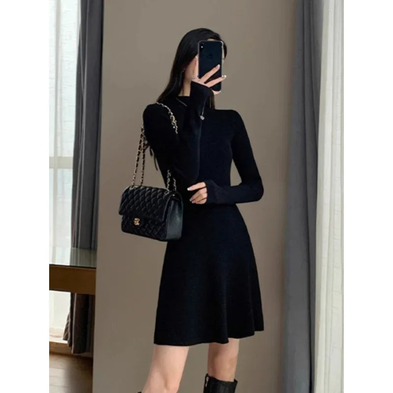 Women's Knitted A- Line Mini Dress Hepburn Little Black Dress Autumn Winter Inner Wear Slimming Base Layer Skirt For Coat