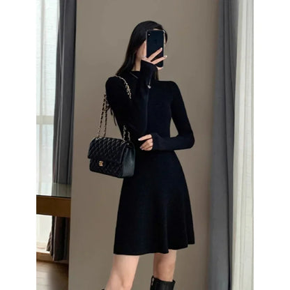 Women's Knitted A- Line Mini Dress Hepburn Little Black Dress Autumn Winter Inner Wear Slimming Base Layer Skirt For Coat