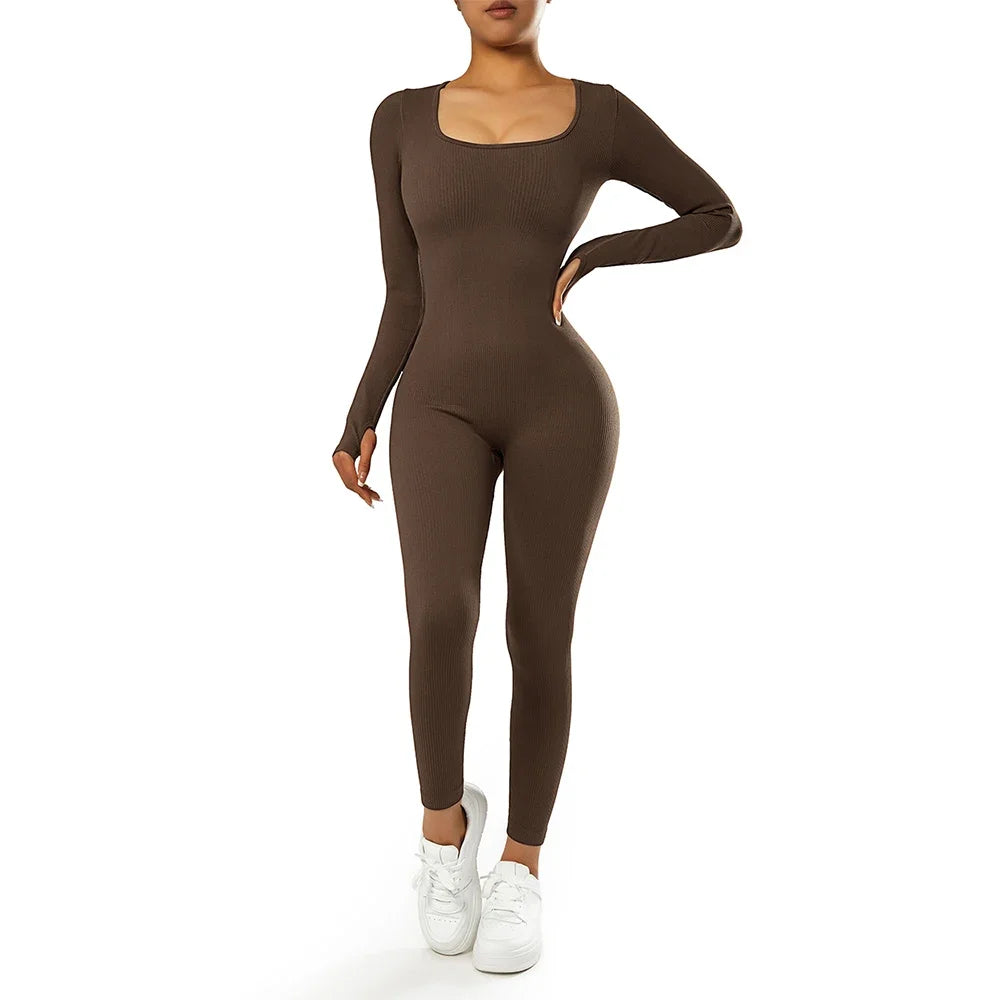 Long Sleeve Jumpsuit Women Bodycon One-piece Outfit Jumpsuit Square Neck Casual Streetwear Rompers Overalls playsuits Bodysuit