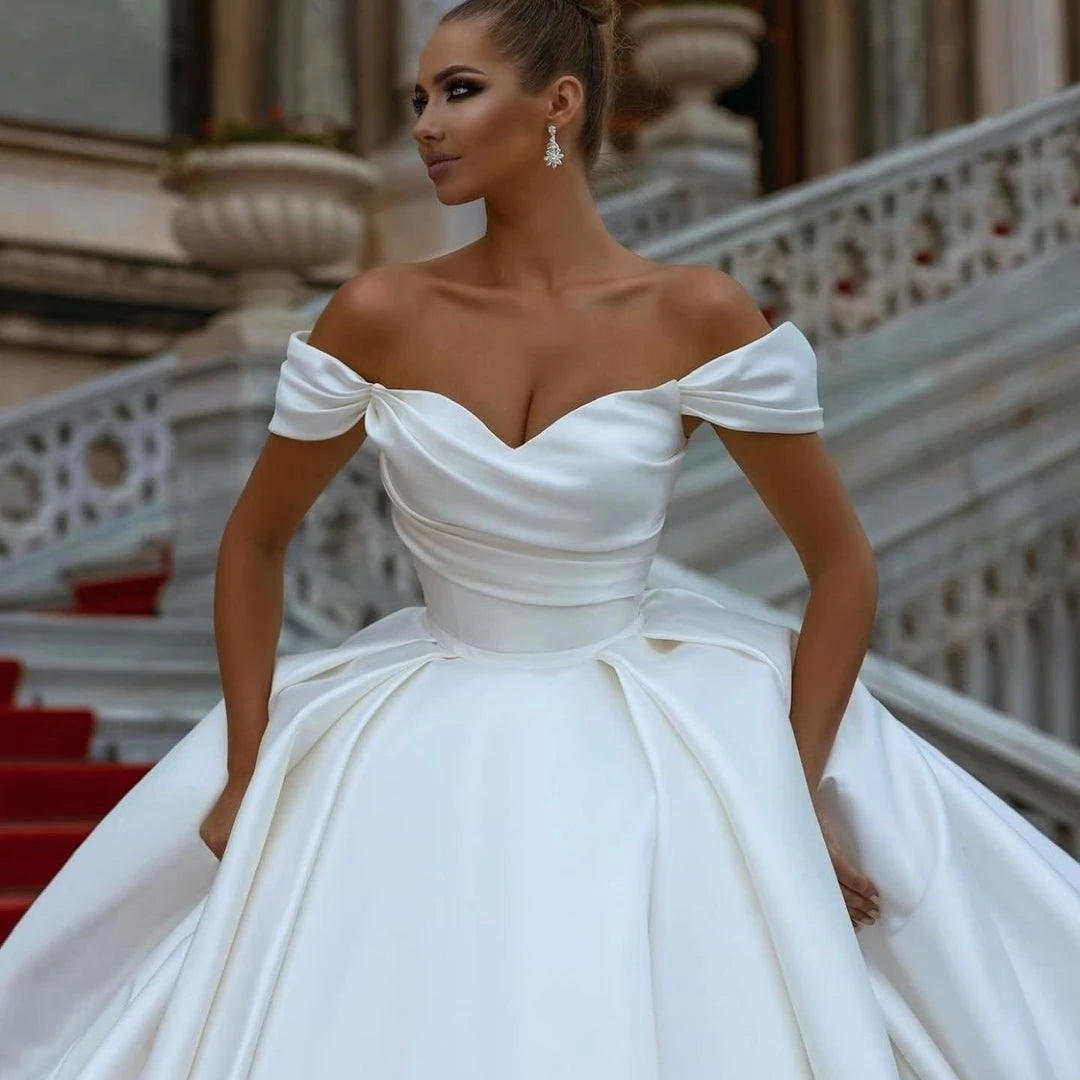 Elegant White Wedding Dresses 2023 Off Shoulder Sweep Train Bride Dress Lace Up Back Satin Wedding Evening Gown Vestido De Novia