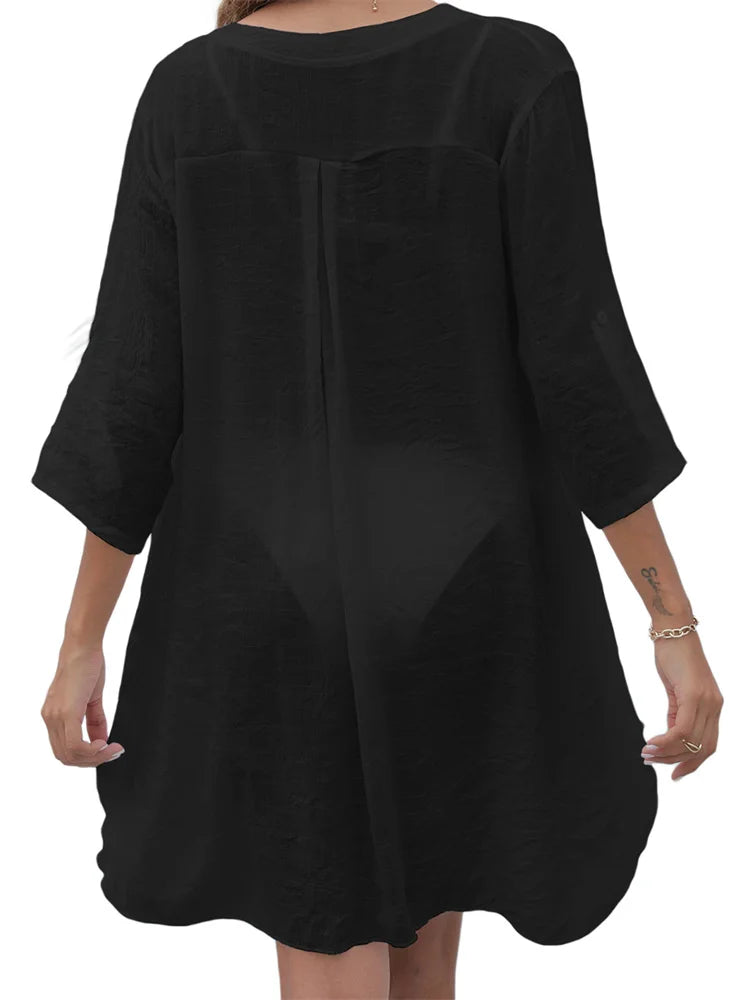 CHRONSTYLE Women Swimsuits Long Sleeve Shirts Mini Dress Bikinis Cover Ups Summer V Neck Solid Color Bathing Suit Cover Ups 2025