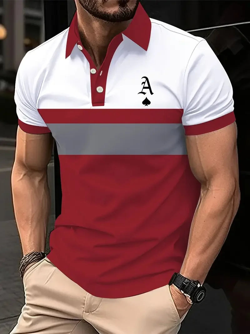 Classic Men's Polo Shirt With Striped Graphic Print Outdoor Casual Short Sleeve Button Top Male Oversized Clothing Golf Polo