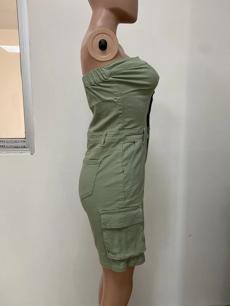 Sexy Strapless Button up Denim Romper Women Short Overalls 2025 Summer Street Casual Sleeveless Cargo Jean Jumpsuit with Pockets