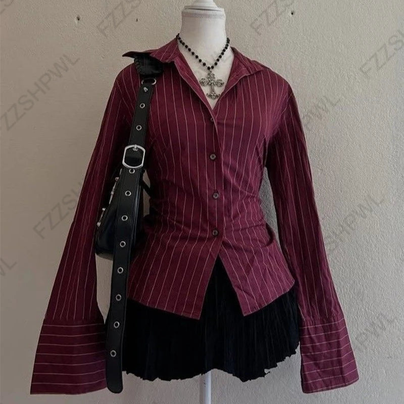 Gothic Punk Grunge Y2K Women's Blouse Sexy Slim Chic Casual Lapel Striped Long Sleeve Shirt Vintage Aesthetics Hottie Streetwear