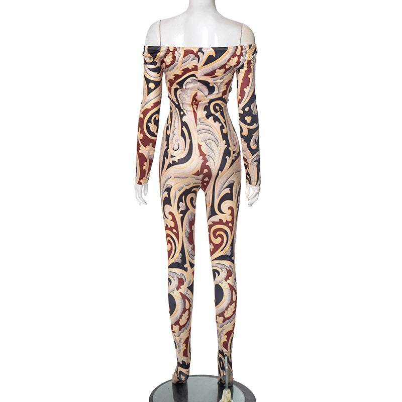 CUTENOVA Fall New Colorful Printed Women'S Jumpsuit  One-Shoulder Strapless Long Sleeves Slim Fit Elastic Ankles Jumpsuit Female