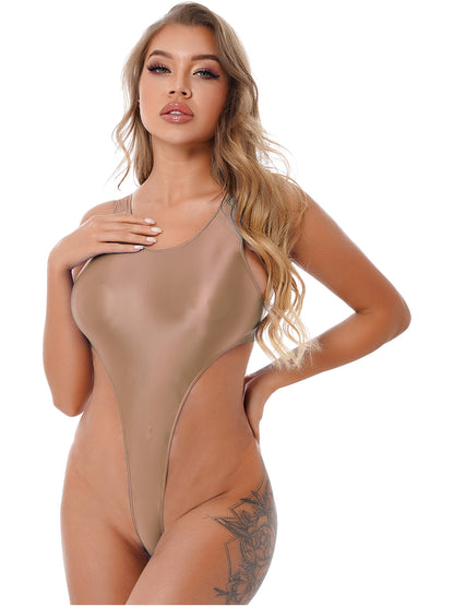 Womens Swimsuit 2022 New Glossy One-piece Swimming Bathing Suit Backless High Cut Bodysuit Sportwear Beachwear Swimwear