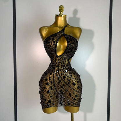 Sexy Sparkly Diamond Backless Short Dress 2025 Women Sleeveless Mesh See Through Evening Birthday Gown Singer Stage Outfit
