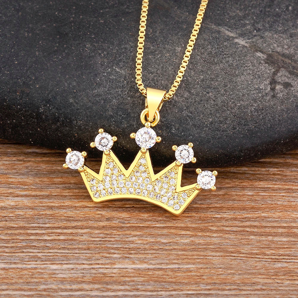 Nidin New Fashion Crown Shape Pendant Collar Gold Color Chain Choker Shiny Zircon Necklace for Women Man Jewelry Party Gifts