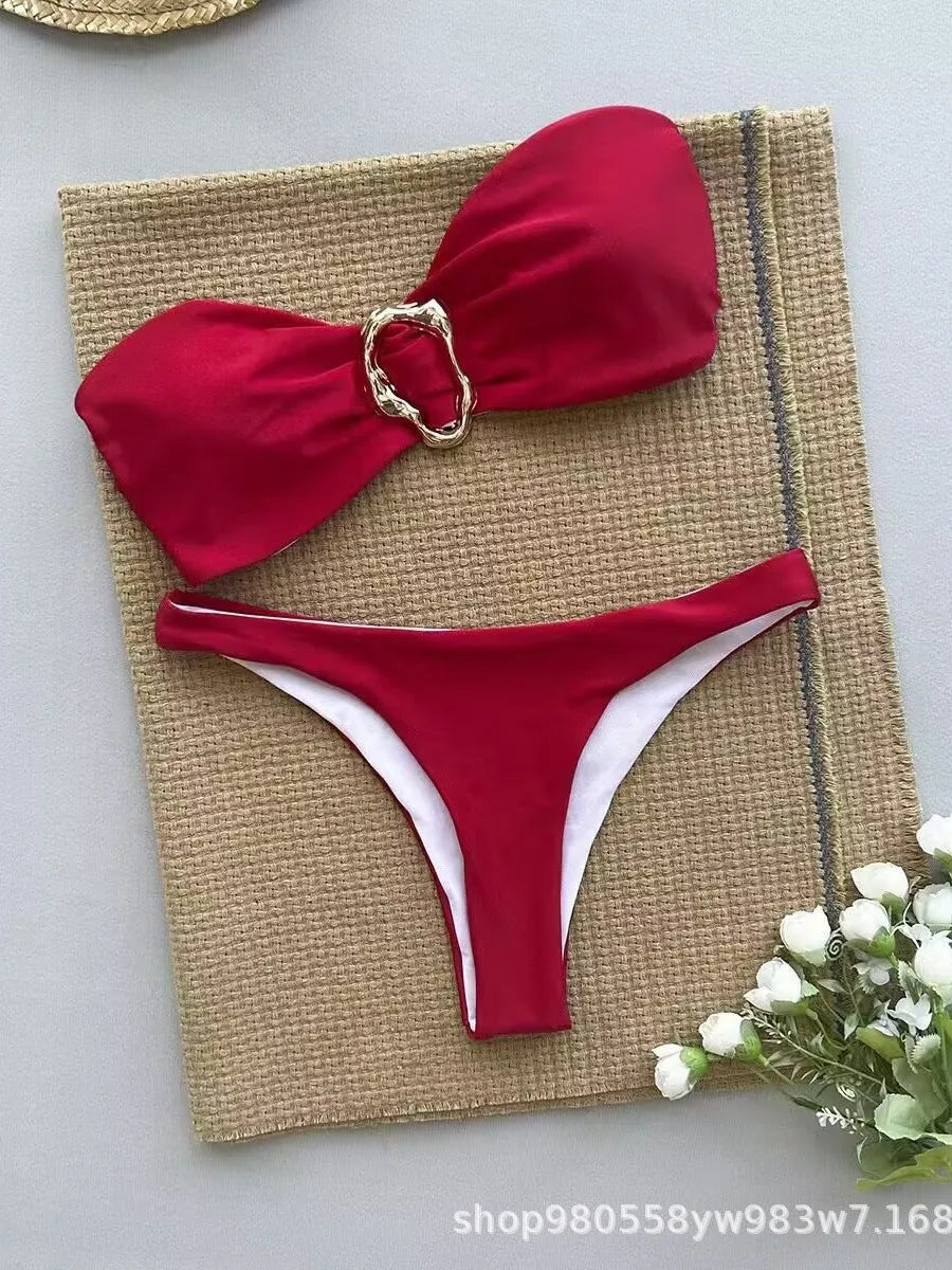 Women Strapless Bikinis Sets Summer Push Up Swimwear Two Pieces Suits Female Sexy Swimsuits Solid Color Lady Backless Beachwear