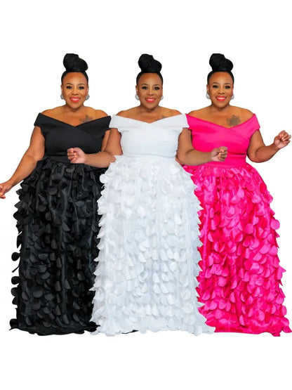 XL-5XL Plus Size Elegant Maxi Dress 2024 Autumn Women Bohemian Dress Casual Short Sleeve Robe Off Shoulder Dress Oversize