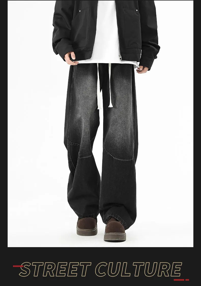 2025 Hip-hop Baggy Denim season elastic waist New Korean Men's Jeans American Loose Fit Wide-leg Straight Casual Trousers Street