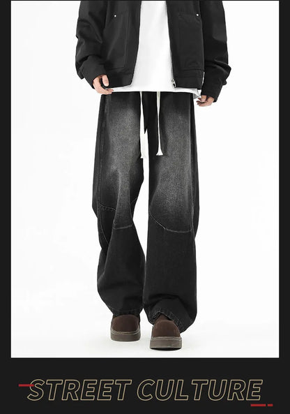 2025 Hip-hop Baggy Denim season elastic waist New Korean Men's Jeans American Loose Fit Wide-leg Straight Casual Trousers Street