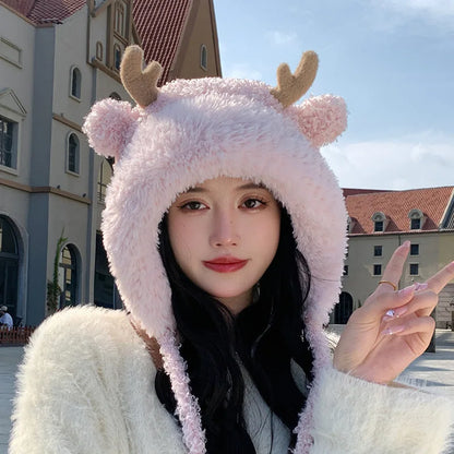Knitted Hat Beanie Winter Warm Fleece Lined Reindeer Antlers Korean Style Cute Christmas Party Women Girls Thickened Thermal