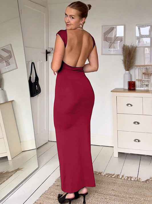 Red Sexy Women's Maxi Dresses For Summer New Streetwear Fashion Backless Casual Slim Basic Dress Club Elegant Party Lady Dresses