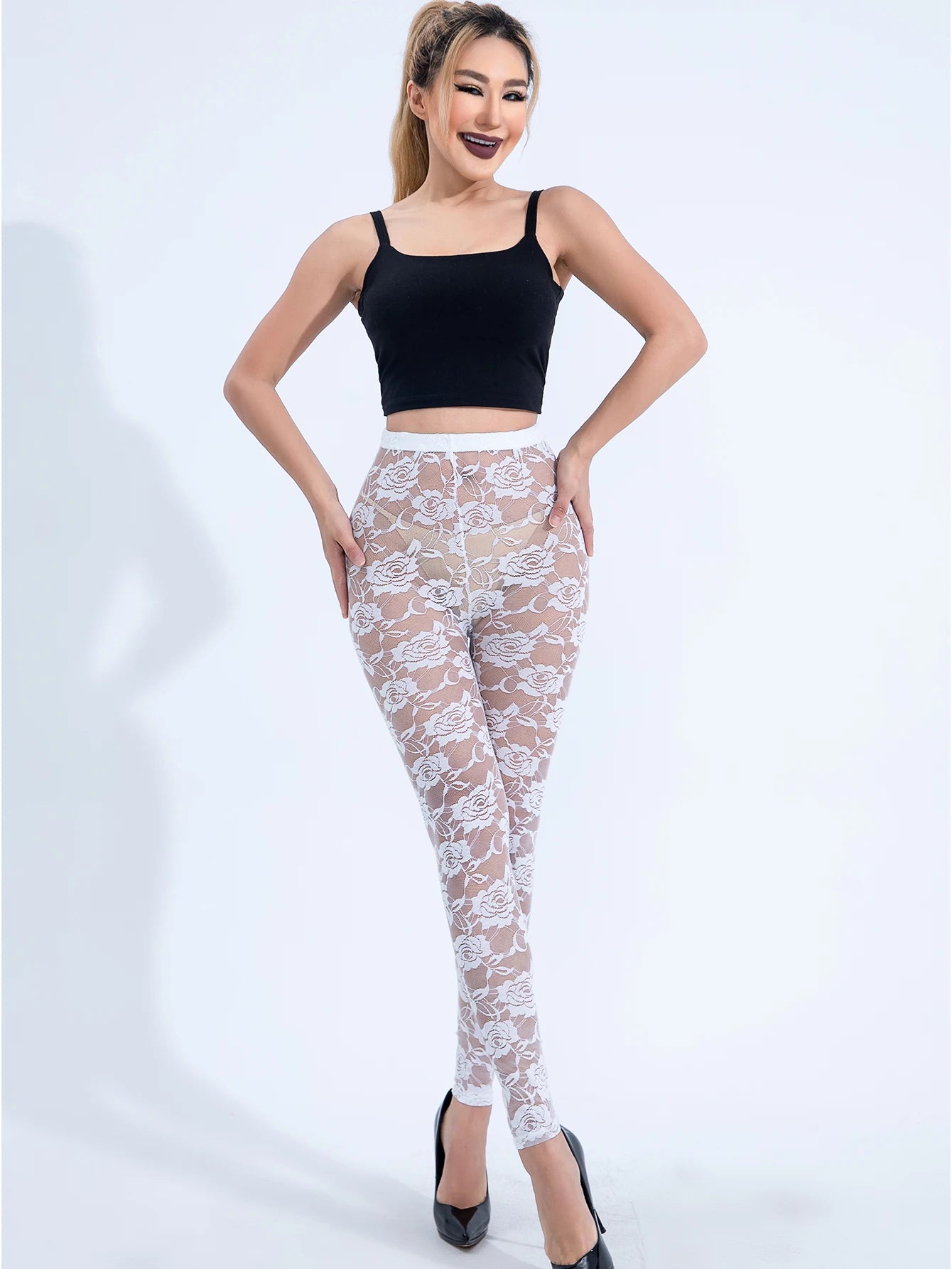 European And American Style Sexy Perspective White Rose Lace Leggings New Fashion High Stretch Tight Nine-point Pants Women