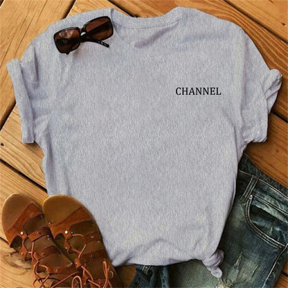 100% pure cotton summer loose-fitting CHANNEL letter print casual fitted round-neck short-sleeve t-shirt top