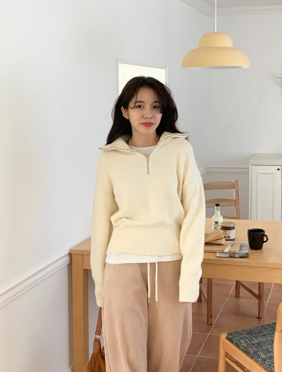 Women's Casual Loose Knitted Sweater Autumn Winter Chic Design Versatile f Zipper Stand Collar  Color Top