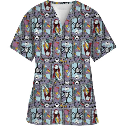 Women Short-Sleeved V-Neck Nurse Top Halloween Women's Fashion Casual Printing Top Protective Work Suit Medical Working Uniform