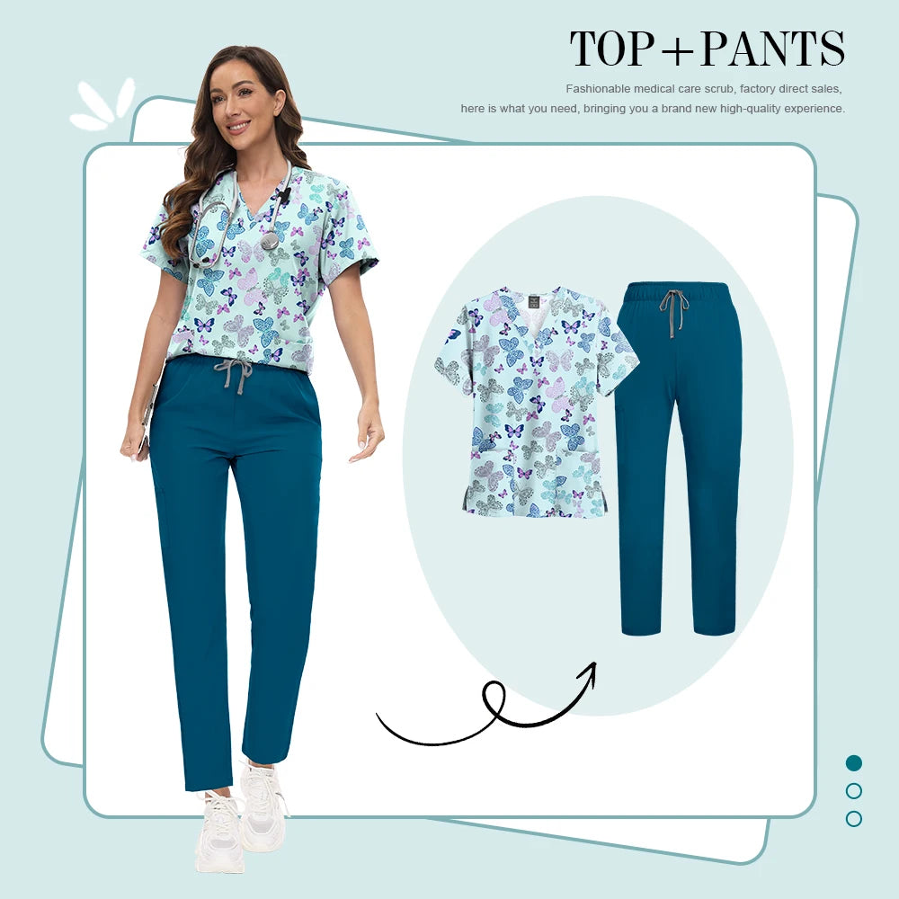 Scrubs Uniforms Sets High-quality Medical Scrub Multicolor Animal Printed Women Scrub Tops Medical Scrubs Uniform Nurse Lab Wear