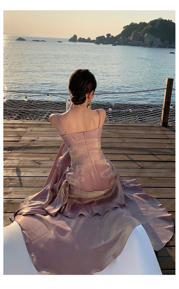 Sexy Solid Spaghetti Strap Sleeveless Evening Dresses Elegant Ruffles Party Long Dress For Women Summer Slim Beach New Vestidos