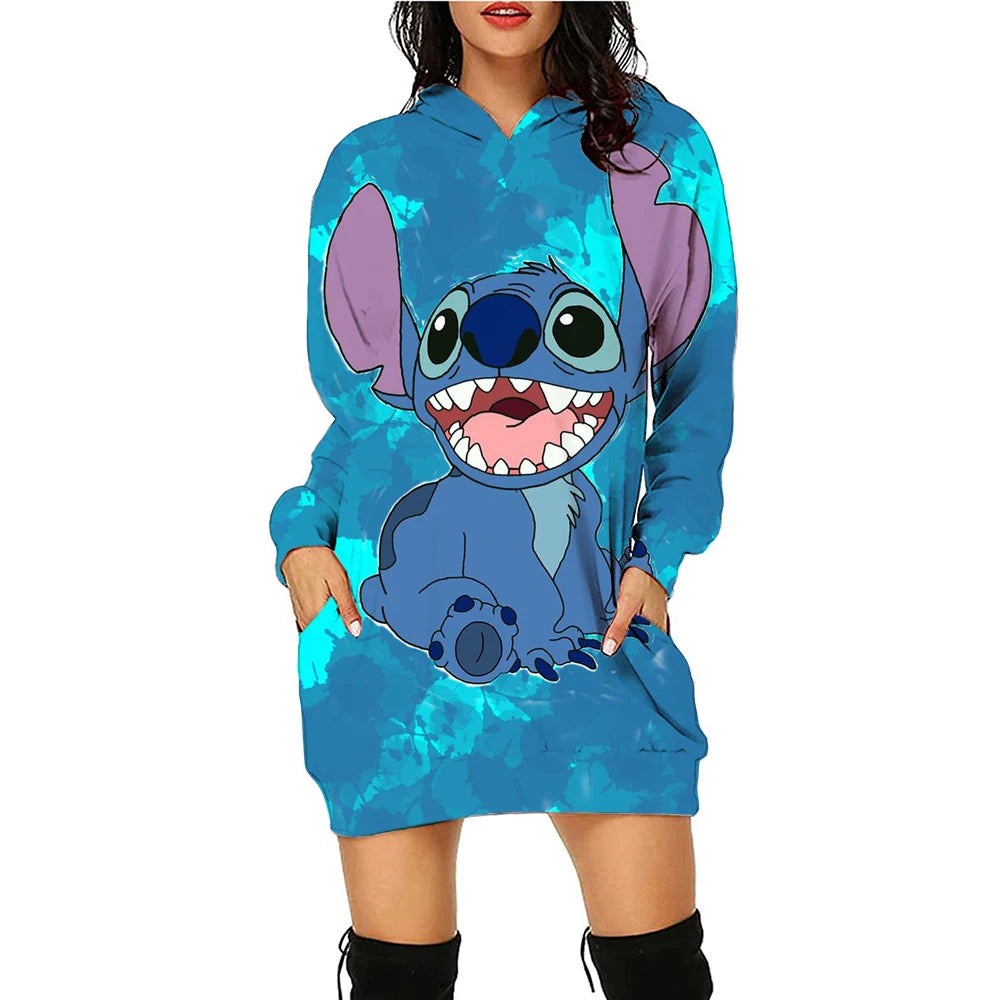 Y2k Stitch Dresses for Women 2024 Disney Woman Clothes Mini Dress With Hood Hoodie Kawaii Fashion Luxury Party Sweater Dress 3XL