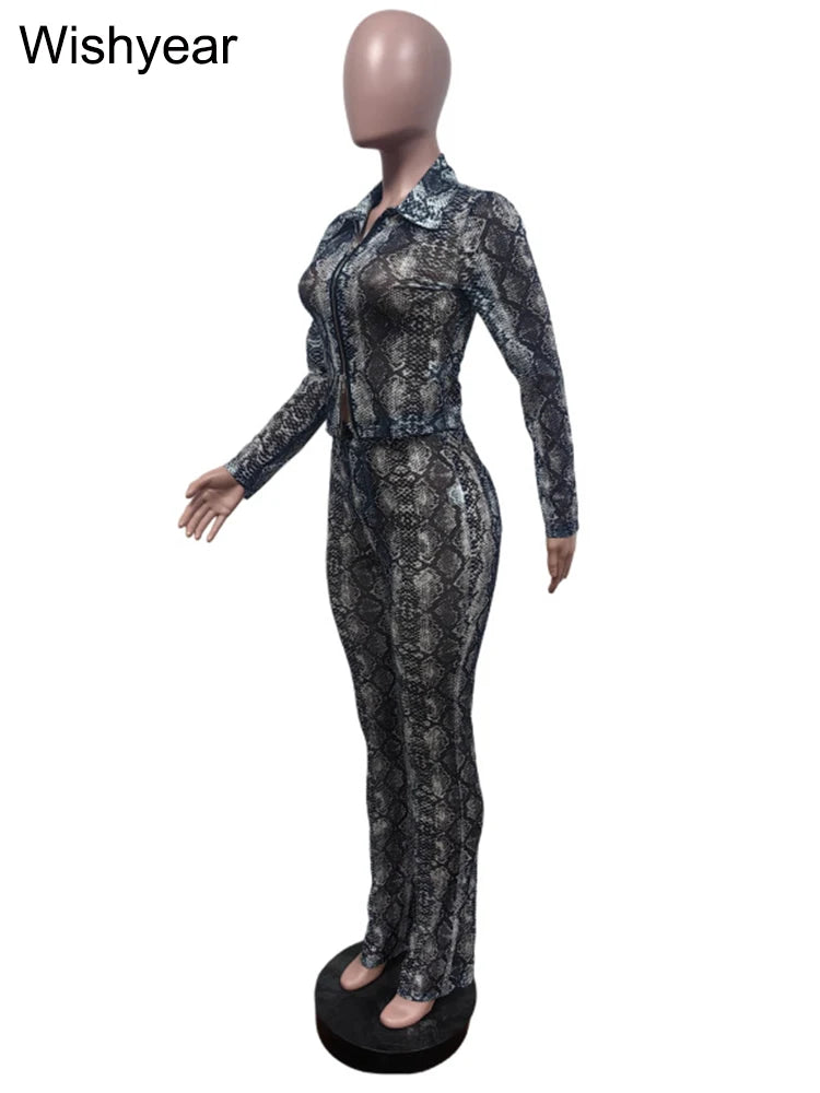 Sexy Night Club Snake Pattern 2 Pieces Women Set Full Sleeve Crop Tops and Pants Clubwear Skinny Midnight Party Outfits Y2K