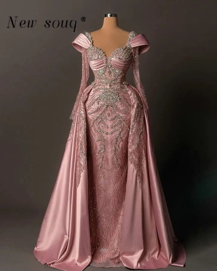 Elegant Pastel Pink Evening Party Dresses with Detachable Train Customized Crystals Long Sleeves Formal Wedding Guest Wear Gowns