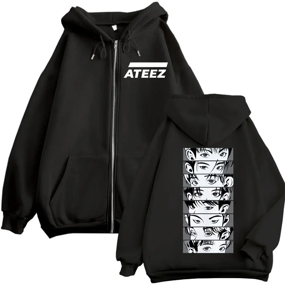 Kpop ATEEZ "FlX ON" Merch Zipper Hoodie Men Women High Quality Fashion Zip Up Jacket Coat Autumn Winter Casual Loose Sweatshirts