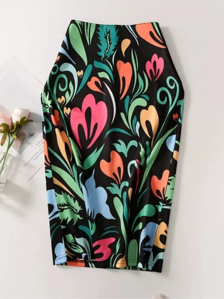 Women Vintage Flower Print Bodycon Skirt Slim Midi Sexy Elegant Pencil Skirt Bag Hip Bandage Skirt Hip Wrap Lolita Short Skirt