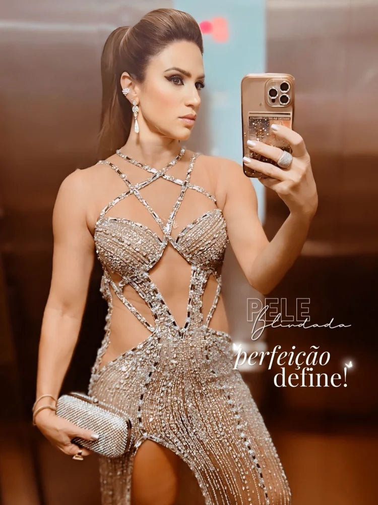 Sexy Gold Sequin Evening Dresses for Women – Luxury Crystal Beaded Prom Dress with High Slit Formal Party Mermaid Gown for Gala