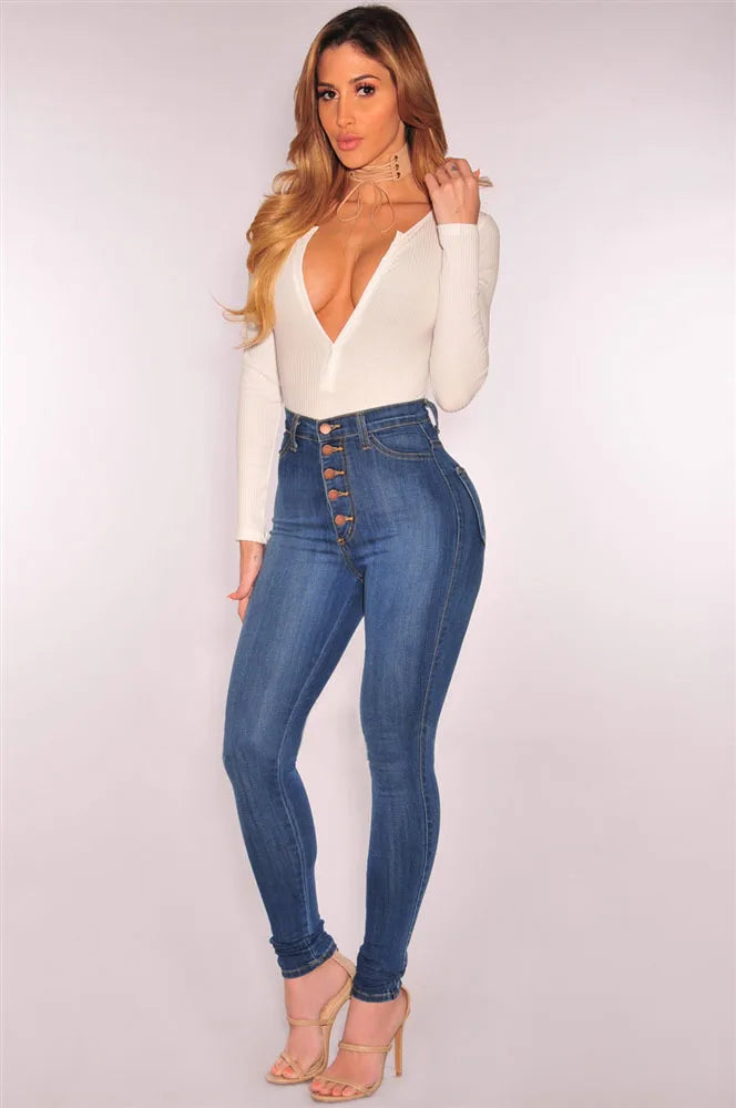 Women High Waist Elastic Slim Fit Skinny Jeans Lady Vintage Button Pencil Long Pants Narrow Straight Wrap Hips Casual Trousers