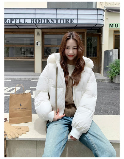 Casual Warm Fur Hooded Cropped Parkas Chic Streetwear Korean Style Down Cotton Coat Thicken Short Women's Winter 2025 Jacket