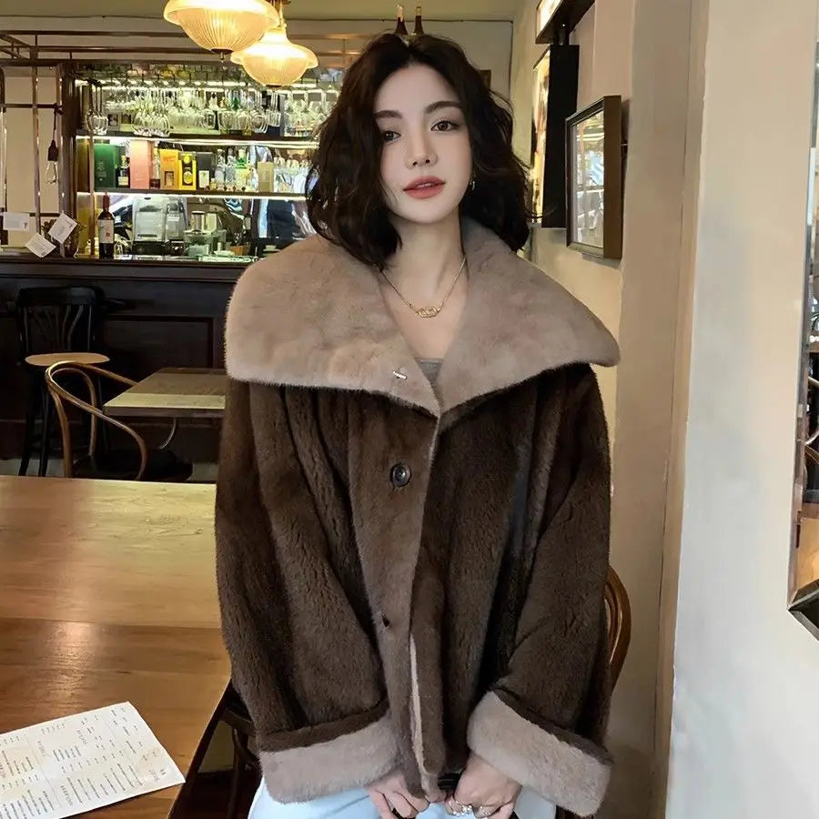 2025 New Coffee Colored Faux Mink Fur Spliced Lapel Fur Coat for Women Young and Loose