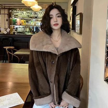 2025 New Coffee Colored Faux Mink Fur Spliced Lapel Fur Coat for Women Young and Loose