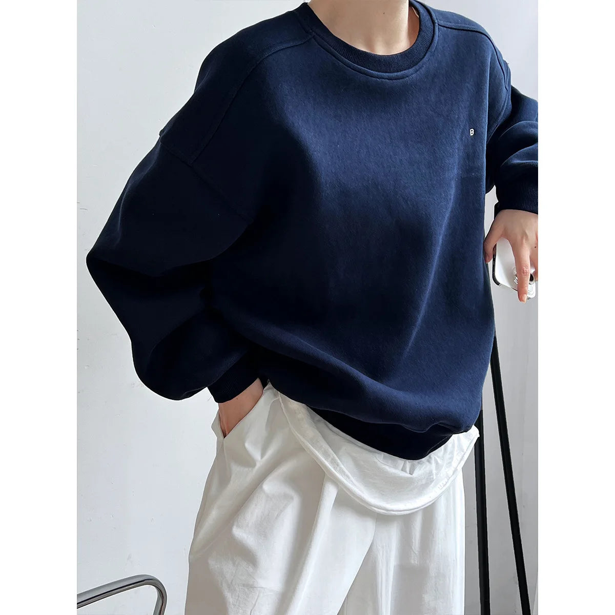 NS Pure Color Lazy Loose BF Hoodie Women's Simple Shape Sweatshirt Long Sleeve Letter Embroidery Top Casual Style Cotton Blend