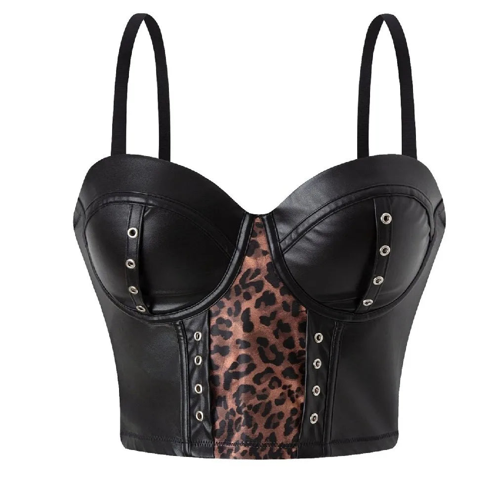 Stylish Wowen PU Leather Corset Imitation Leather Festival Clothing Bustier Lady Cropped Top Girls Punk Rock Club Party Camis