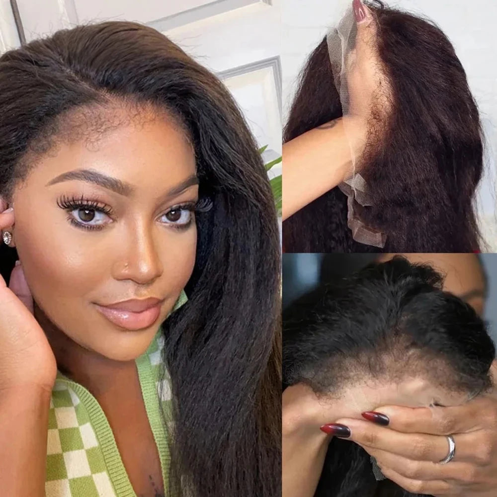13x6 Kinky Straight Lace Front Human Hair Wig With Kinky Edges Baby Hair 360 Transparent Lace Yaki Straight Human Hair Wigs