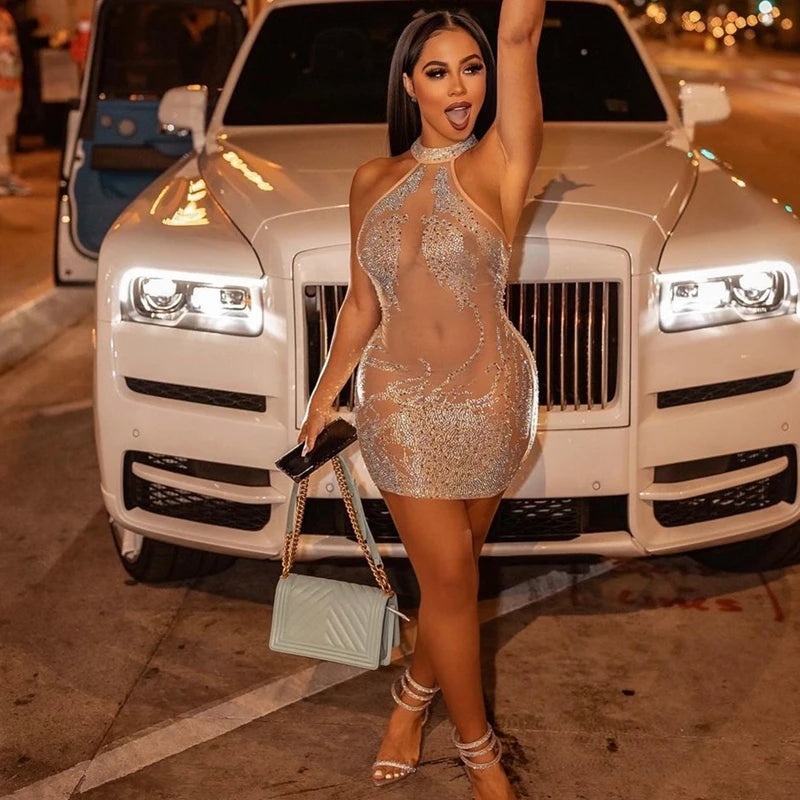 Sexy Party Dress for Women Mesh Sheer See Through Party Club Night Mini Bodycon Dress Luxury Rhinestone Sparkly Birthday Dress