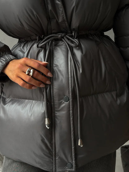 Bornladies Drawstring Slim Fit Cotton Jacket Women's  Winter New Hooded Zipper Cotton Robe Comfortable Warm Bread Jacket