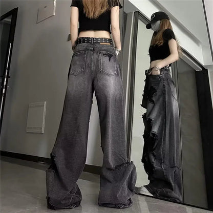 Unique Cool Ripped Jeans Women's Summer Distressed American Style Bell Bottoms Loose Fit Versatile Straight Leg Long Pants