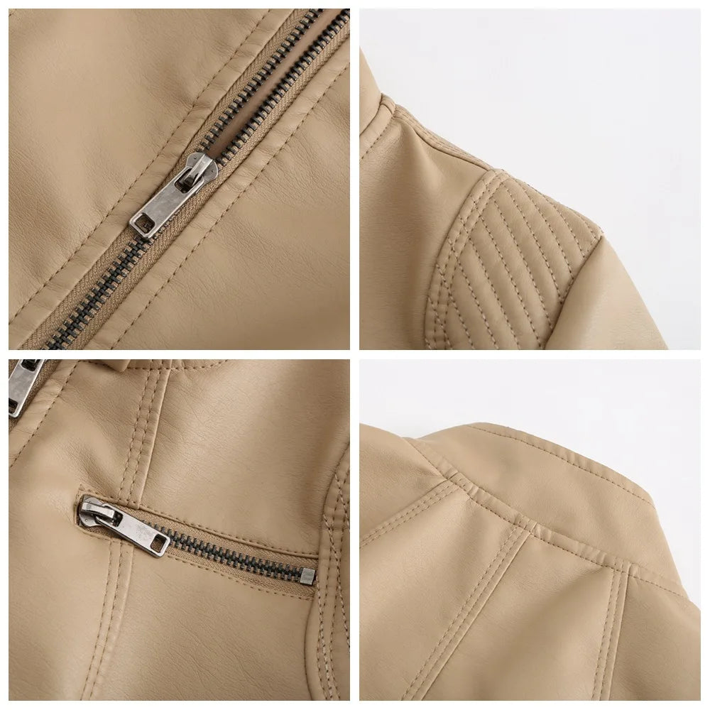 Women's Slim Leather Jacket, Stand-up Collar, Zipper Stitching, Monochromatic Coat, Fashion Clothing, New
