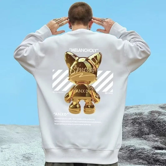 【M-8XL Sweatshirts】Men Oversized Sweatshirt Fashion Loose American Fashion Cat Ornaments Print Long Sleeve Couple Clothes