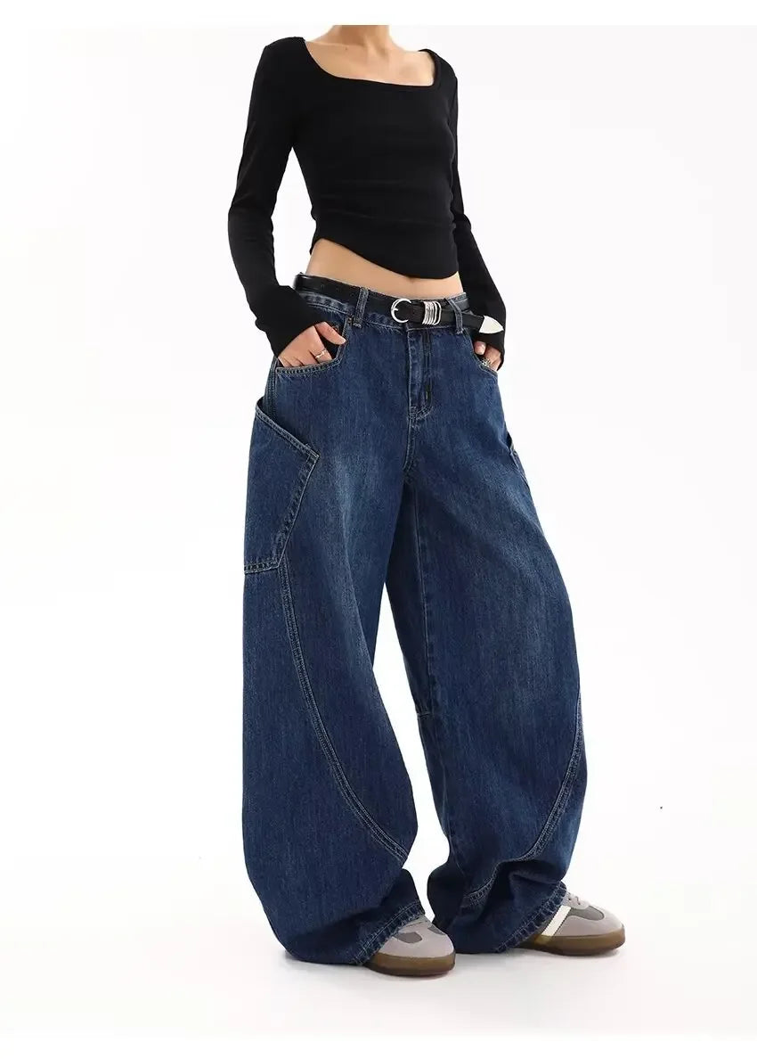 American Retro Knife Pocket Wide Leg Jeans Women's Spring Autumn Style Hot Girl High Street Design Loose Floor-Length Pants