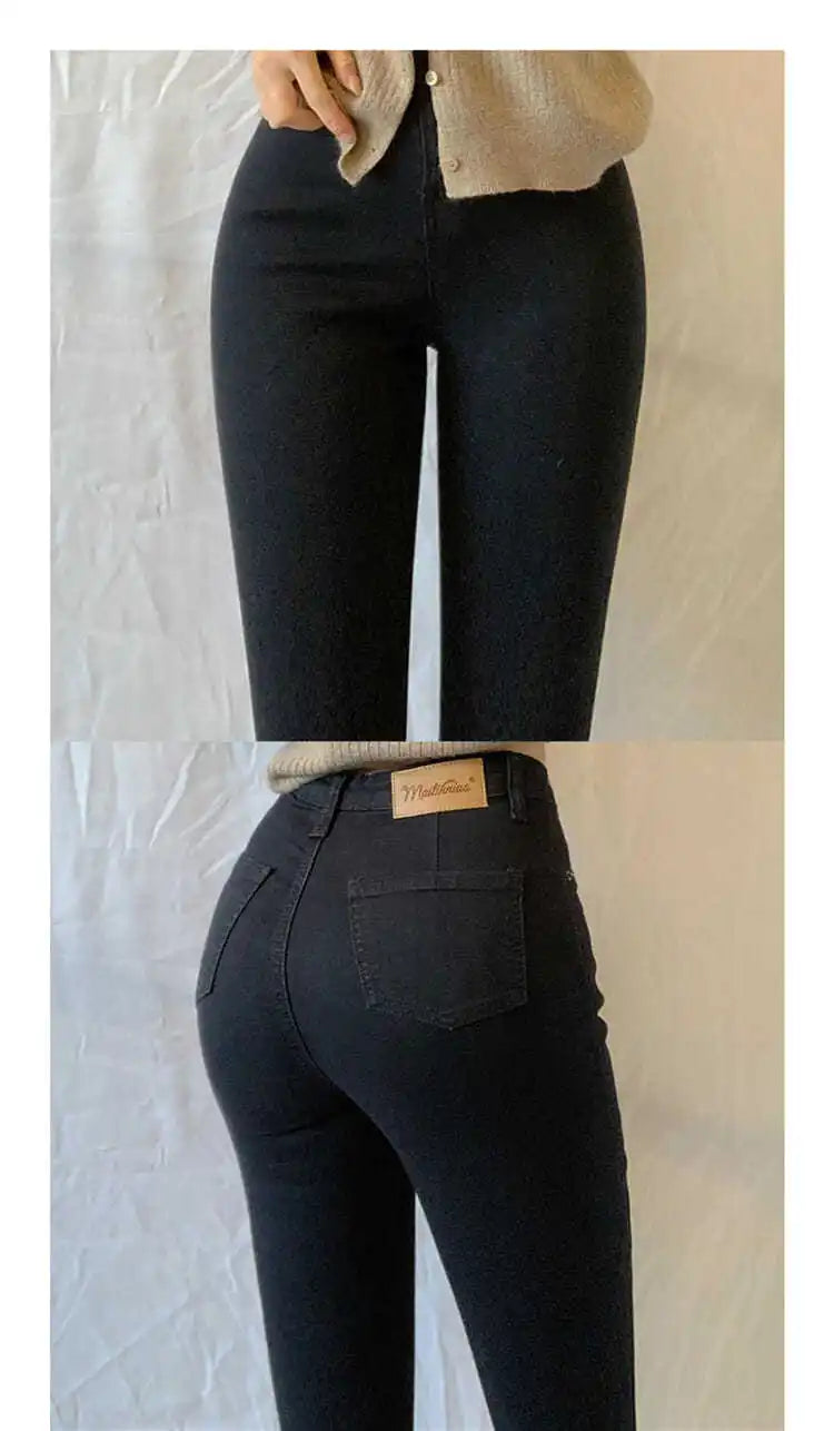 Women's Casual Simplicity Solid Color High Waist Ninth Pants Women Clothes Office Lady All-match Fashionable Jeans Trouser