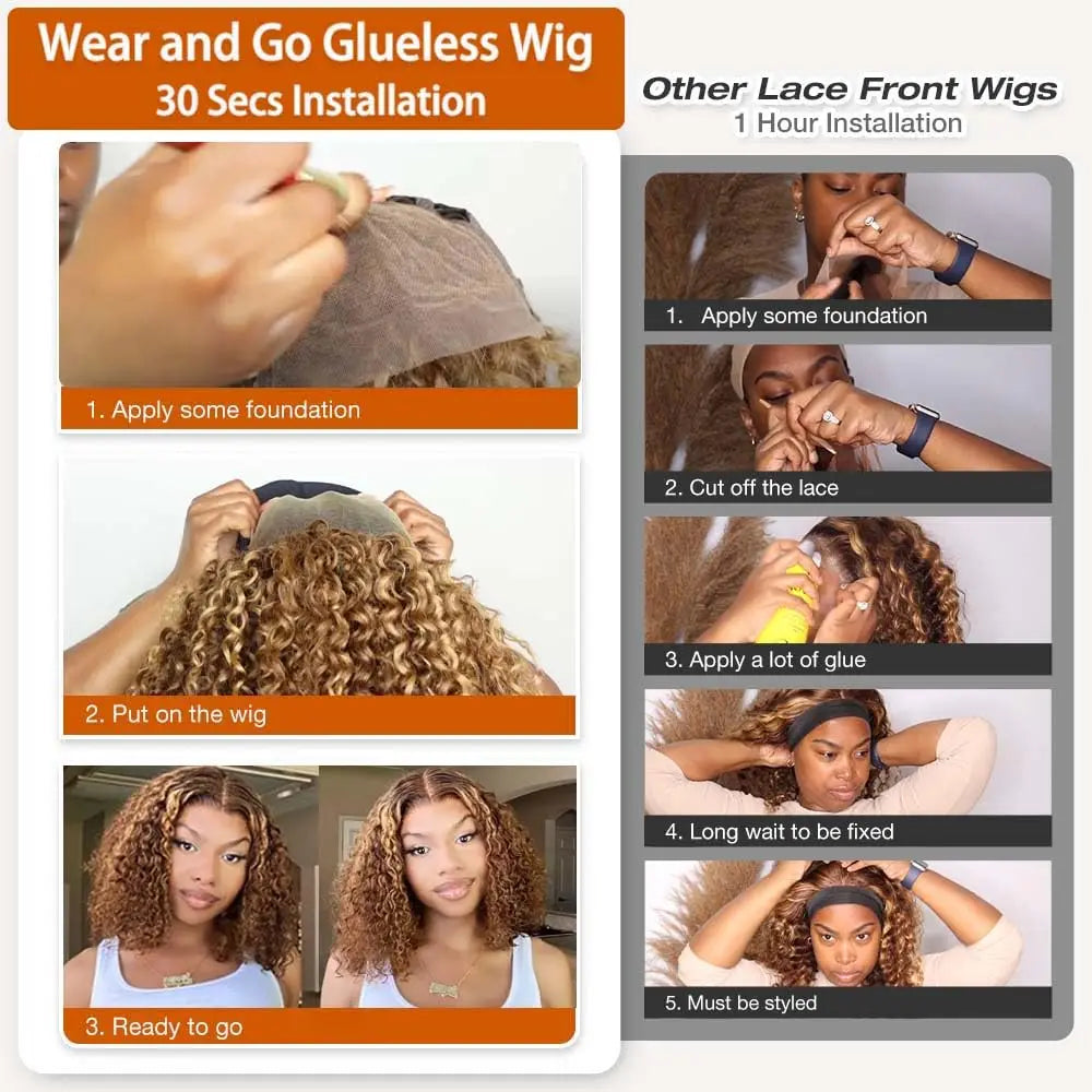 Deep Wave Honey Blonde Glueless Bob Wigs Human Hair Pre Plucked Pre Cut Highlight Wear and Go Curly Wigs Ombre HD Lace Front Wig