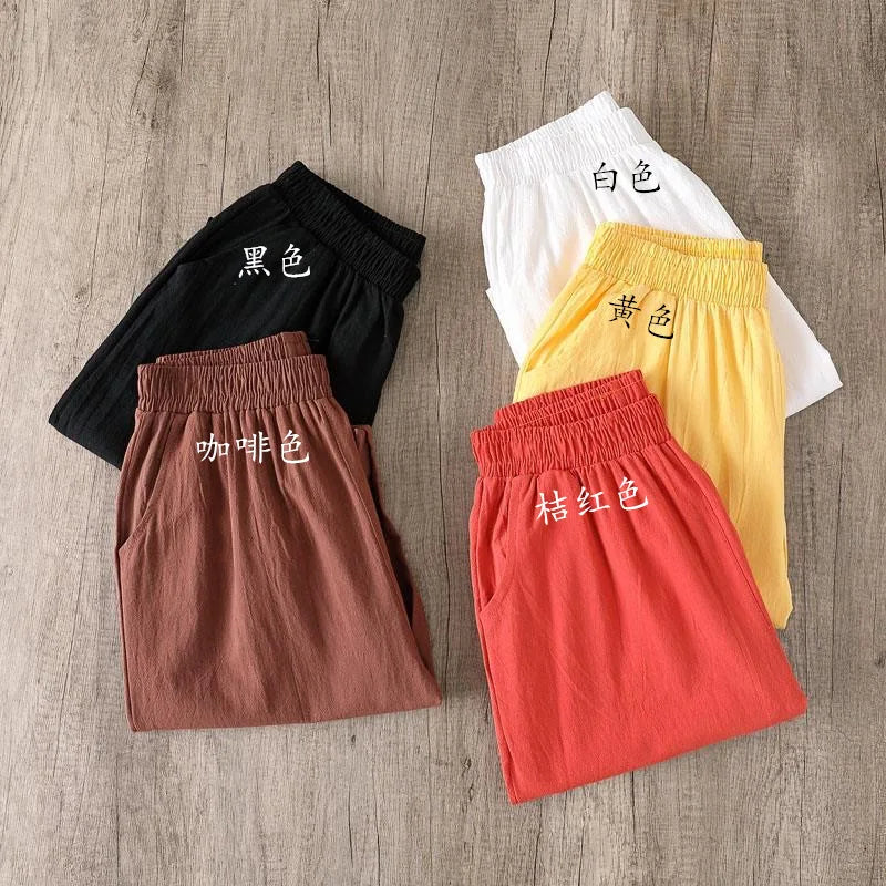 Womens Spring Summer Pants Cotton Linen Solid Elastic waist Candy Colors Harem Trousers Soft high quality for Female ladys M-4XL