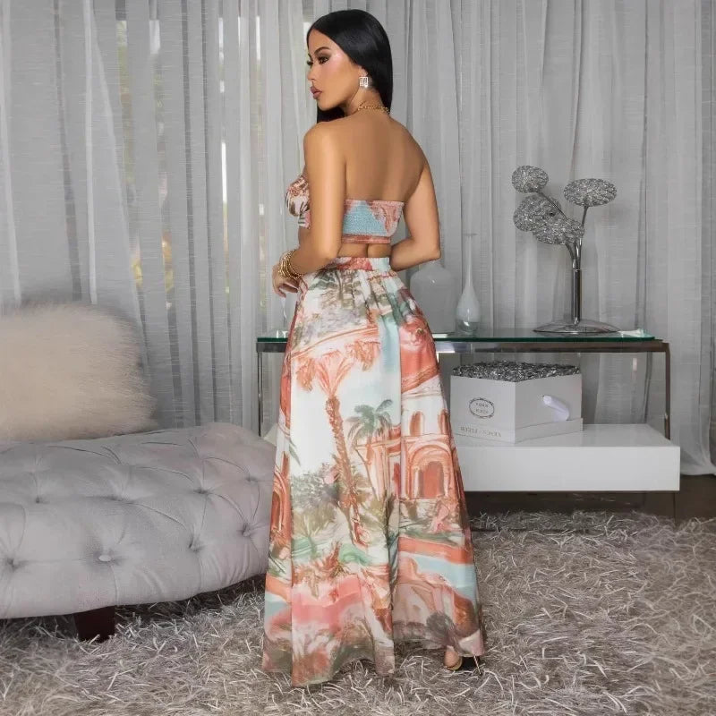 Doyerl Pattern Printing Party Dress Sets Women Two Piece Set Vacation Club Wear Crop Top and Long Skirt Matching Sets Outfits