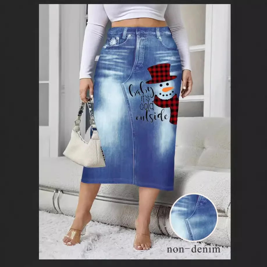 2026 Women's Spring Autumn Elegant Modest Plus size Skirts Fashion Women Silm Fit Dress Imitation Denim Print Bag Hip Skirt